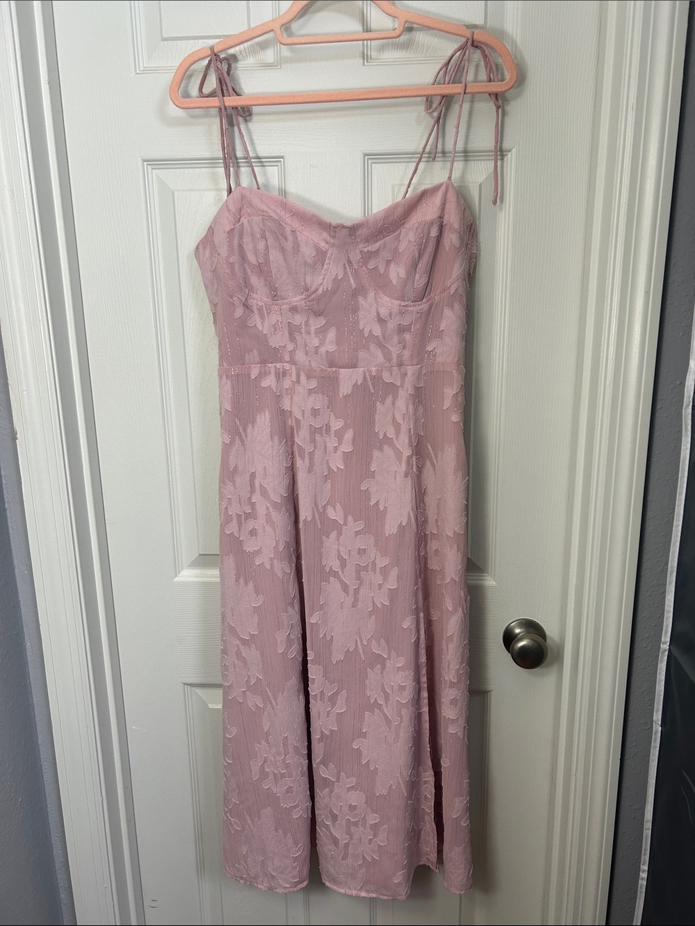Loveliest Looks Blush Pink Floral Jacquard Tie Strap Midi Dress by Lulus